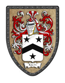 Kelty coat of arms shield with light oak background
