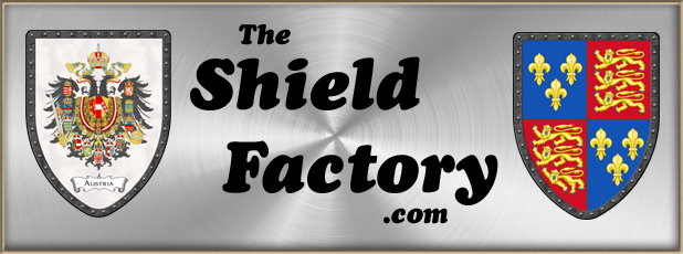 The Shield Factory Logo with custom shields and steel background